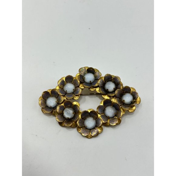 Vintage Flowers Brooch Blue Moonstone Glass Cabochons Brass Tone Older Pin - Picture 5 of 8